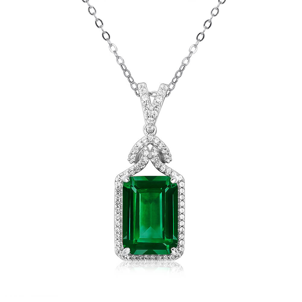 Halo Lab-Created Emerald Sterling Silver Necklace