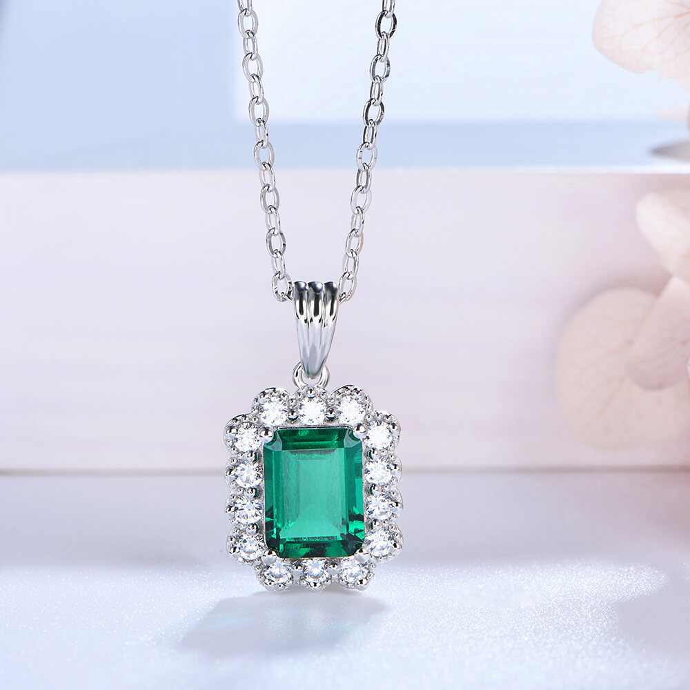 Fashion Halo Lab-Created Emerald Sterling Silver Necklace