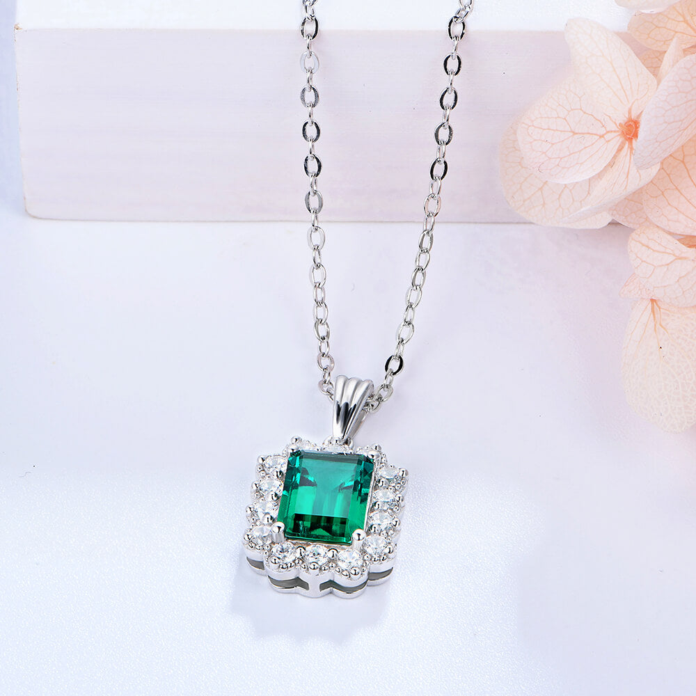 Fashion Halo Lab-Created Emerald Sterling Silver Necklace