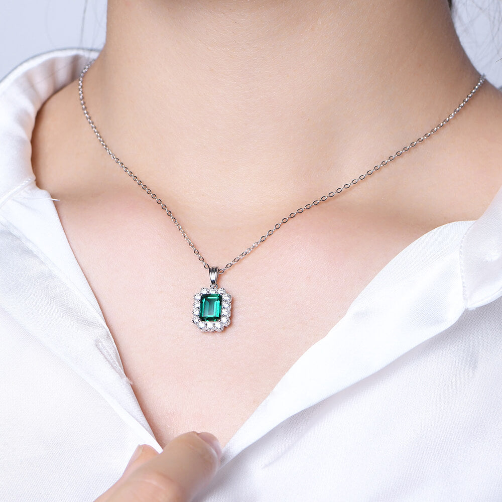 Fashion Halo Lab-Created Emerald Sterling Silver Necklace
