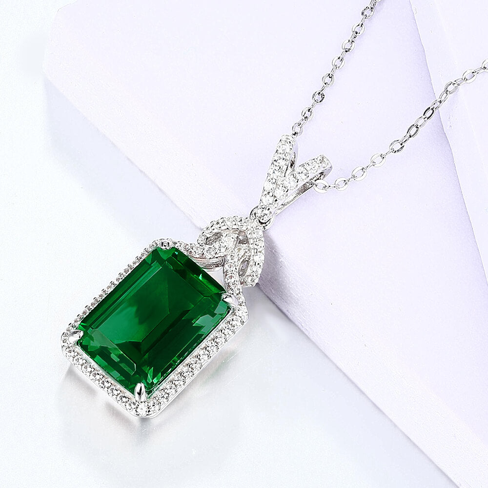 Halo Lab-Created Emerald Sterling Silver Necklace