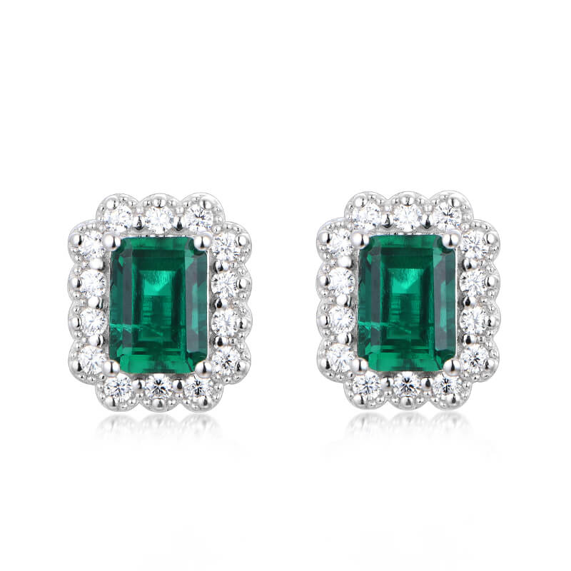 Halo Lab-Created Emerald Sterling Silver Stud Earrings