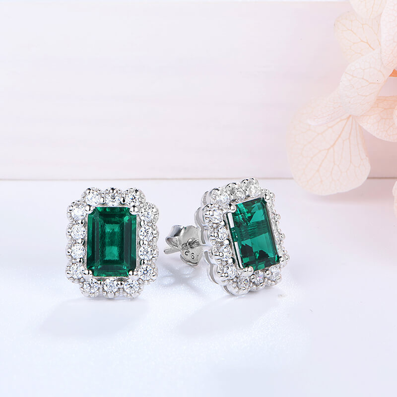 Halo Lab-Created Emerald Sterling Silver Stud Earrings