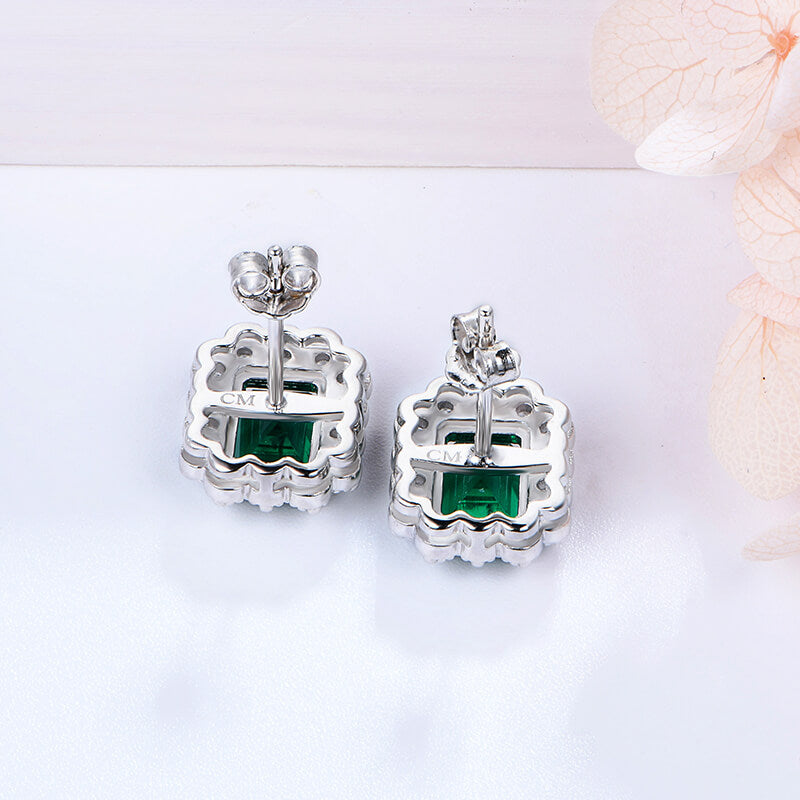 Halo Lab-Created Emerald Sterling Silver Stud Earrings