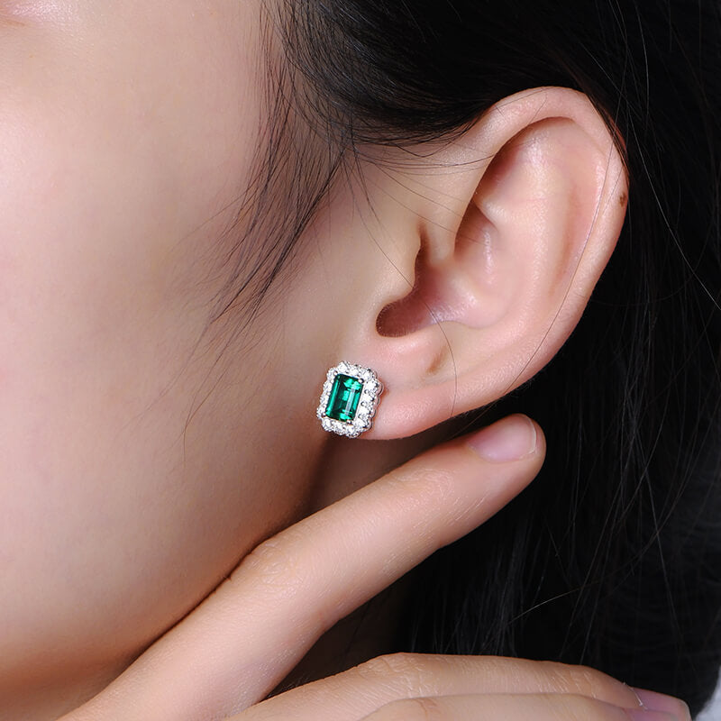 Halo Lab-Created Emerald Sterling Silver Stud Earrings