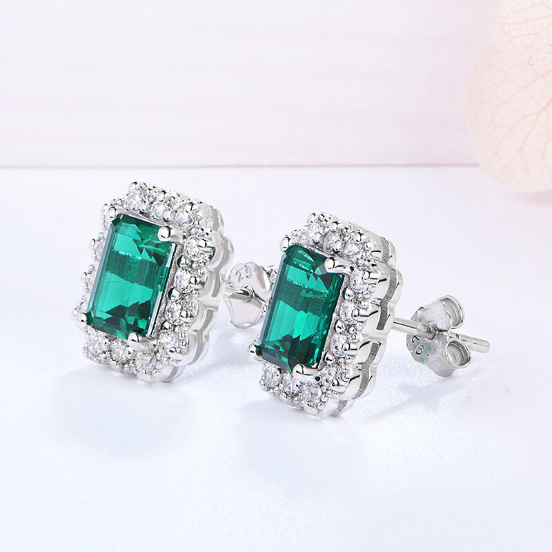 Halo Lab-Created Emerald Sterling Silver Stud Earrings