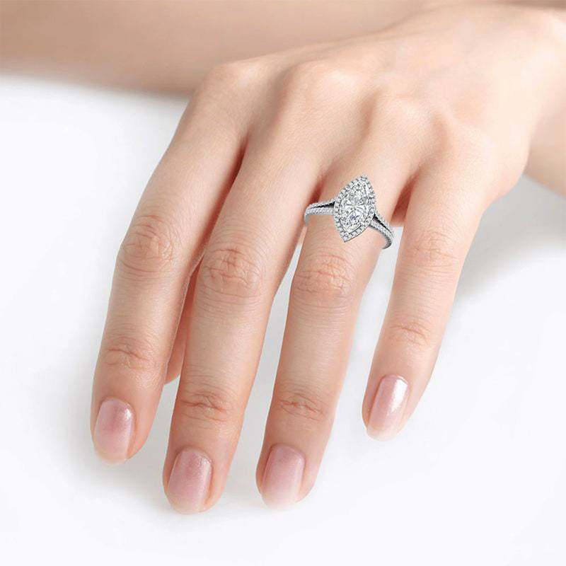 Halo Marquise-Cut Moissanite Double Shank Pave Engagement Ring