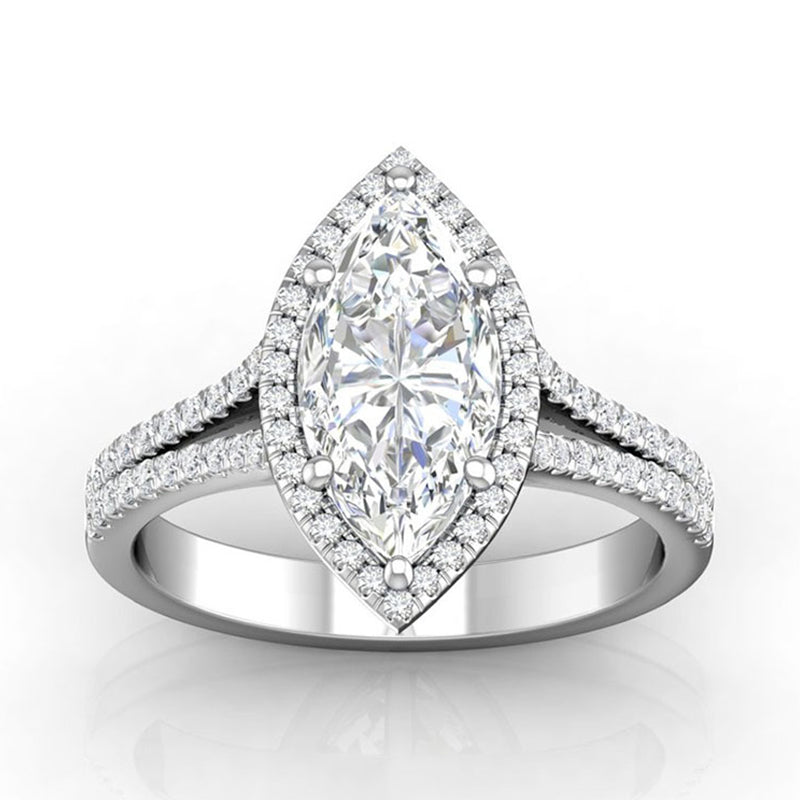 Halo Marquise-Cut Moissanite Double Shank Pave Engagement Ring