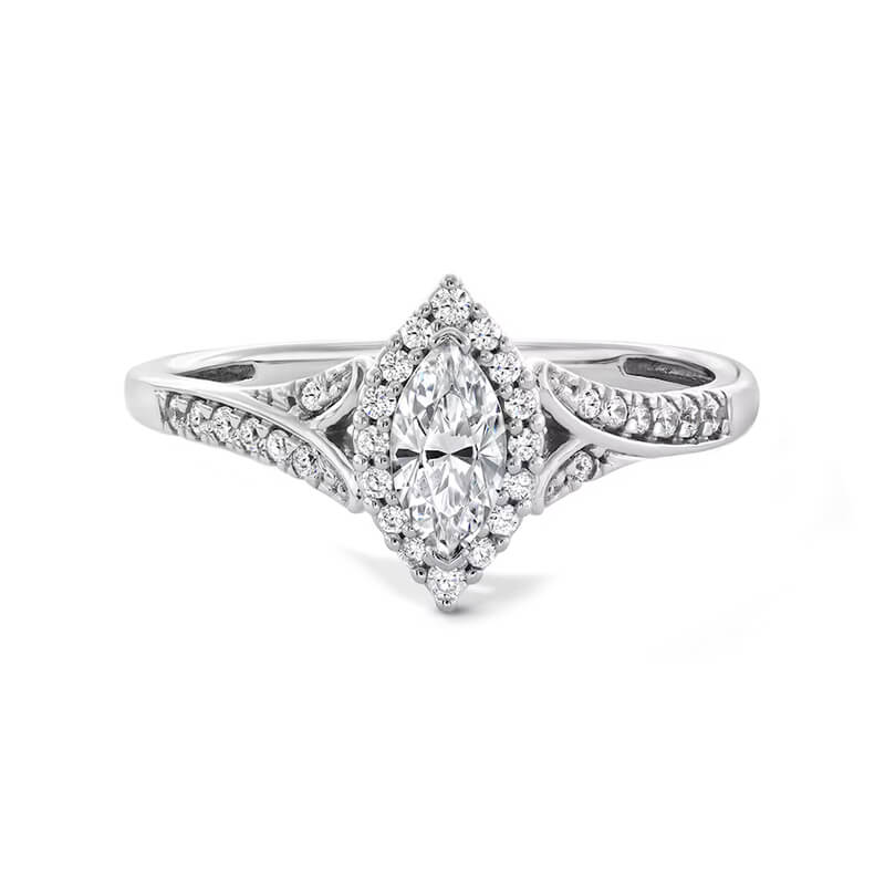 Halo Marquise Cut Moissanite Frame Split Shank Pave Engagement Ring