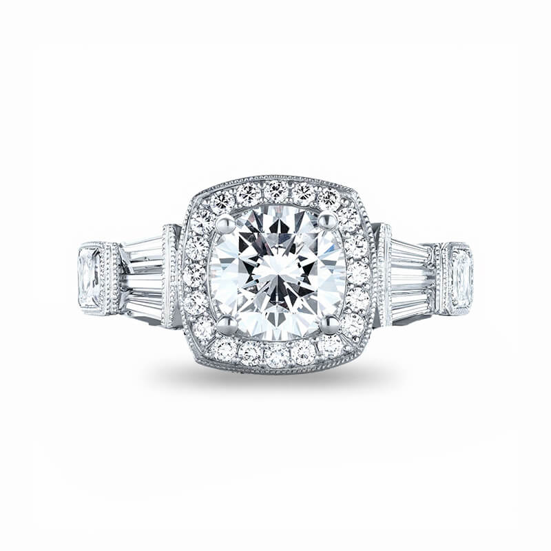 Halo Moissanite Baguette Milgrain Euro Shank Engagement Ring