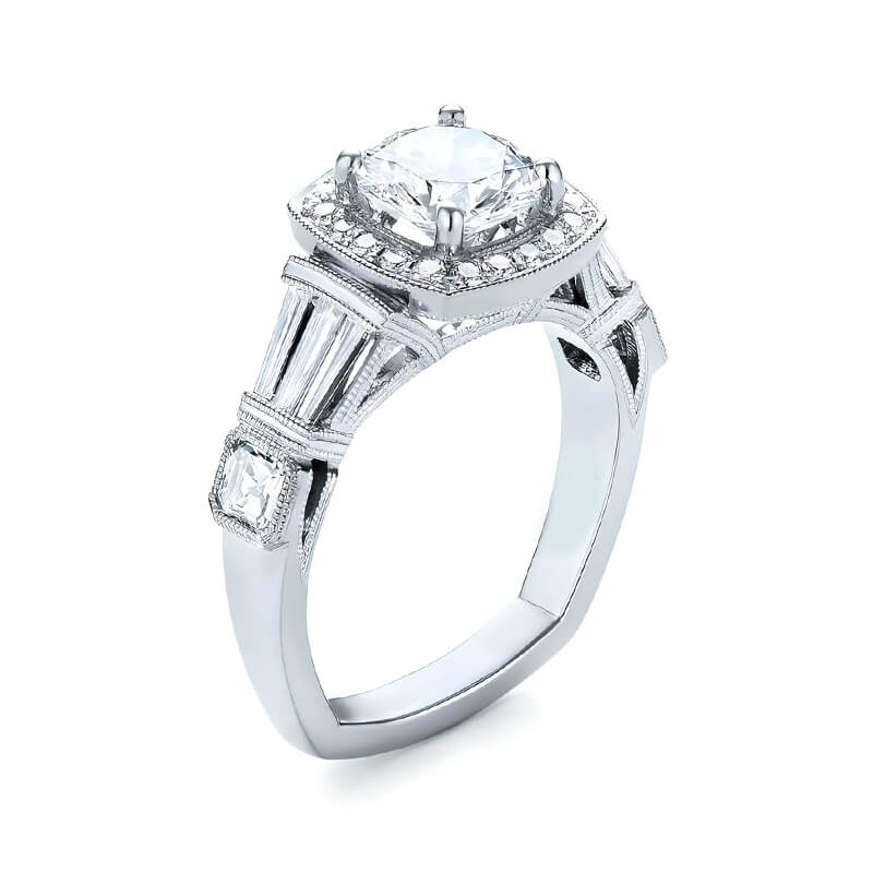 Halo Moissanite Baguette Milgrain Euro Shank Engagement Ring