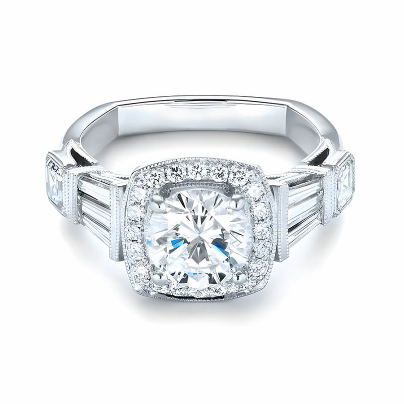 Halo Moissanite Baguette Milgrain Euro Shank Engagement Ring
