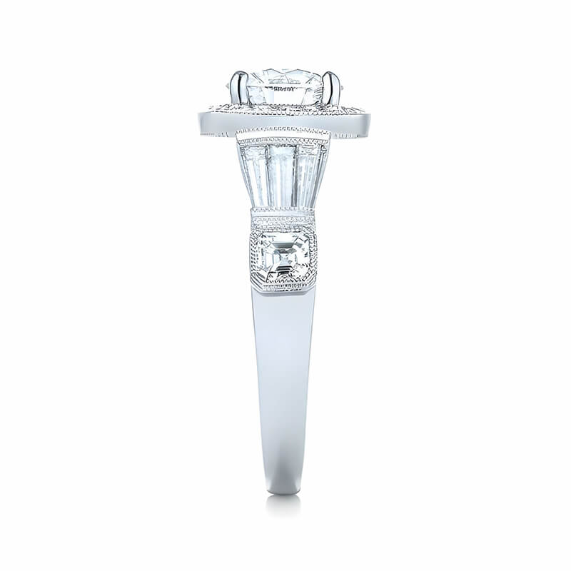 Halo Moissanite Baguette Milgrain Euro Shank Engagement Ring