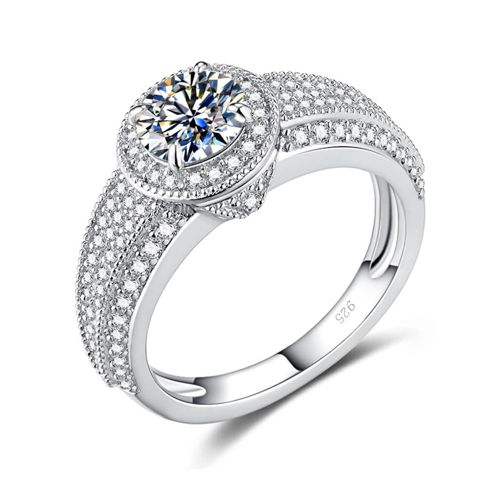 Halo Moissanite Cluster Pave Bridal Engagement Ring Set