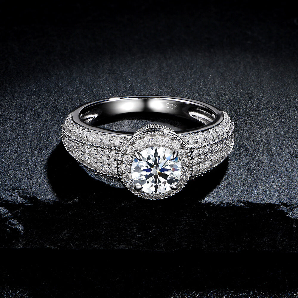 Halo Moissanite Cluster Pave Bridal Engagement Ring Set