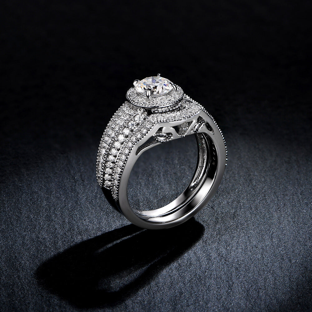 Halo Moissanite Cluster Pave Bridal Engagement Ring Set