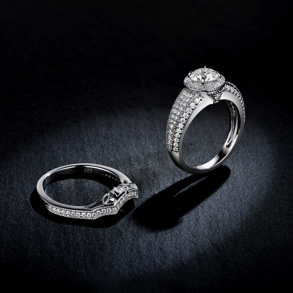Halo Moissanite Cluster Pave Bridal Engagement Ring Set