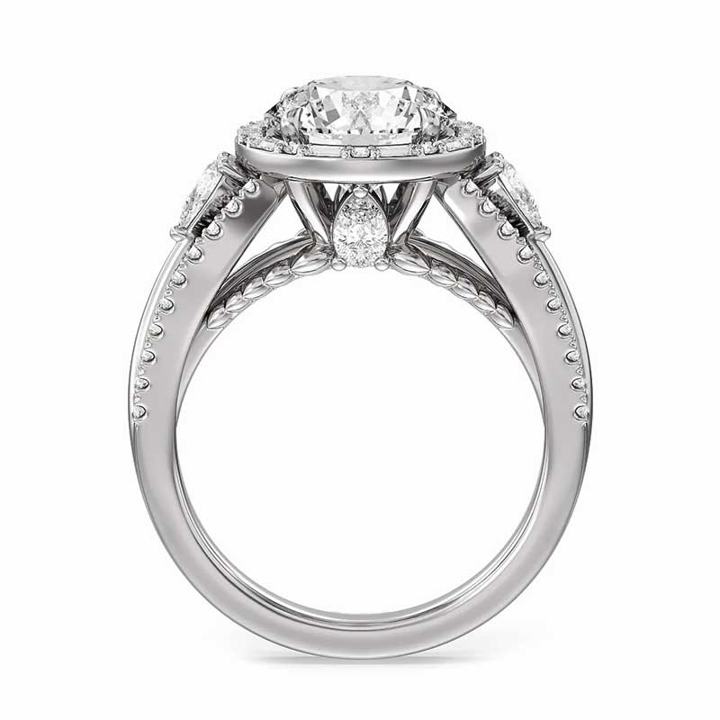 Halo Moissanite Split Shank Triple Row Pave Engagement Ring