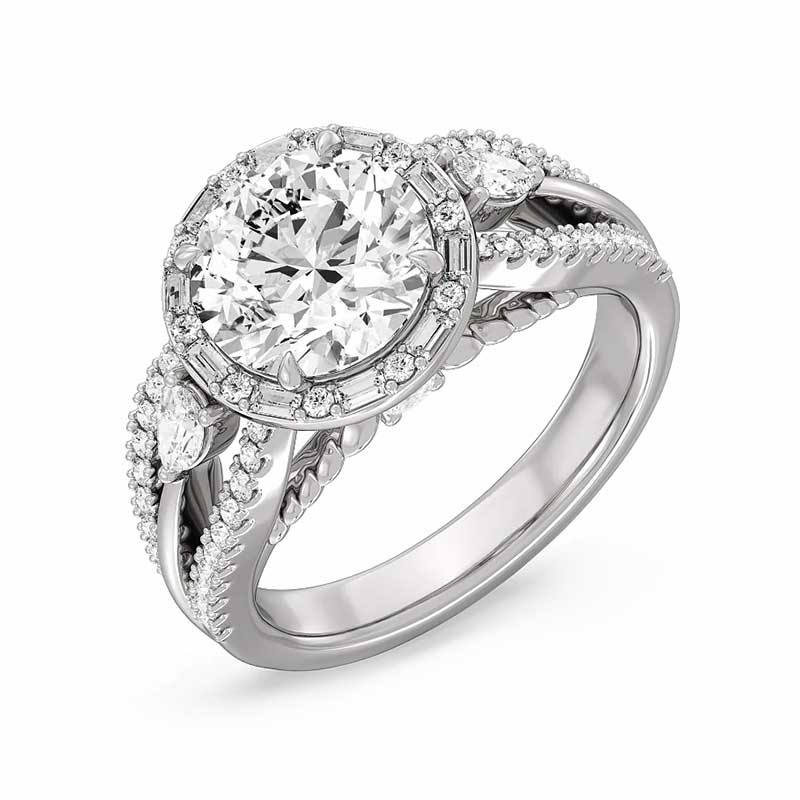 Halo Moissanite Split Shank Triple Row Pave Engagement Ring