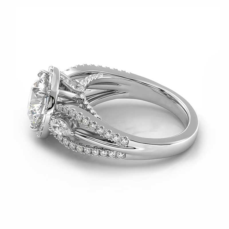 Halo Moissanite Split Shank Triple Row Pave Engagement Ring