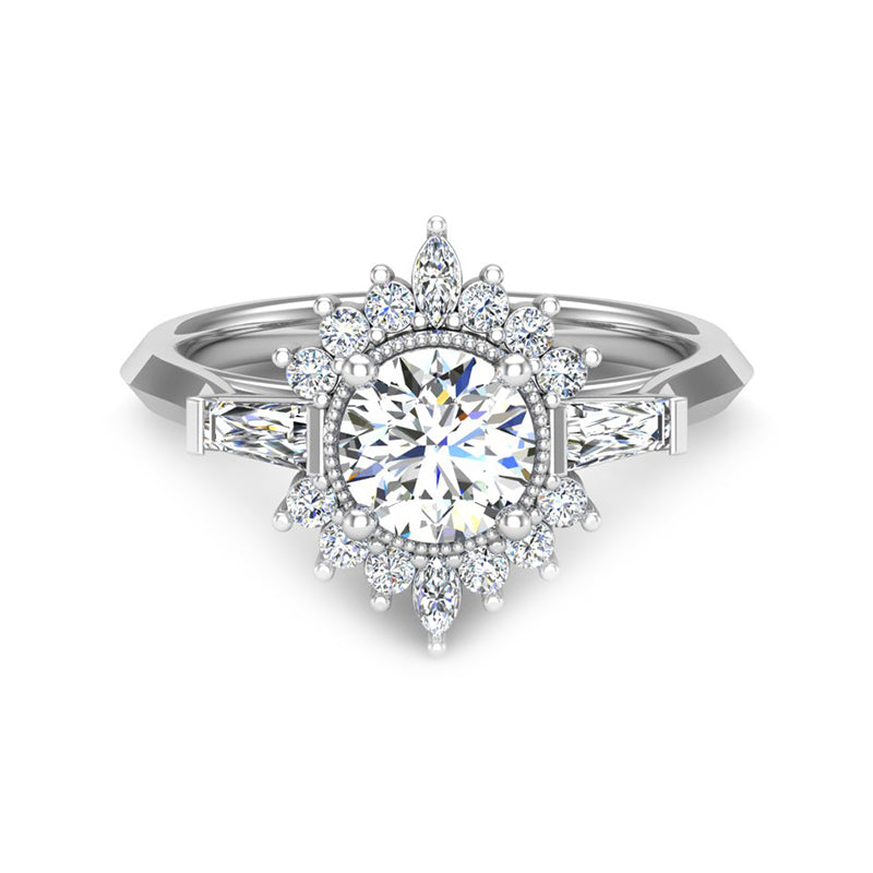 Halo Moissanite With Tapered Baguette Knife Edge Engagement Ring