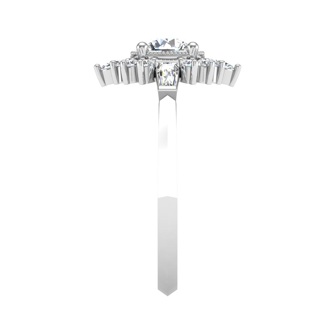 Halo Moissanite With Tapered Baguette Knife Edge Engagement Ring