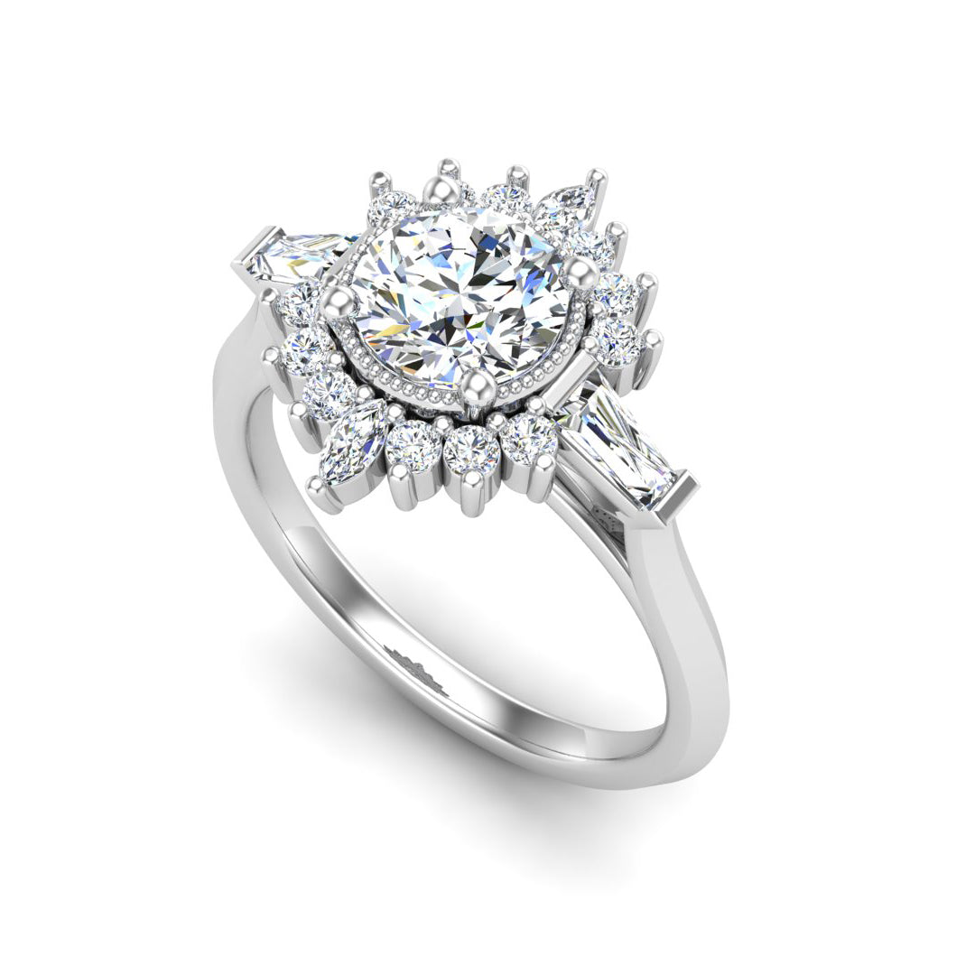 Halo Moissanite With Tapered Baguette Knife Edge Engagement Ring