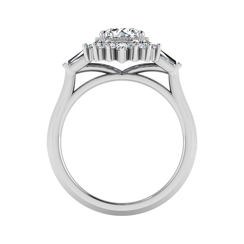 Halo Moissanite With Tapered Baguette Knife Edge Engagement Ring
