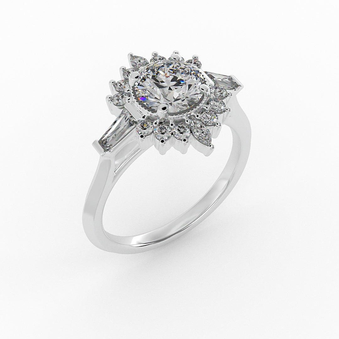 Halo Moissanite With Tapered Baguette Knife Edge Engagement Ring