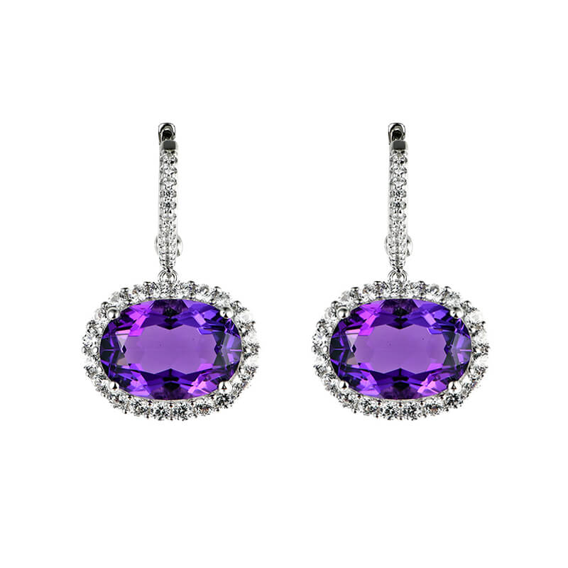 Halo Oval Cut Amethyst Sterling Silver Drop Earrings