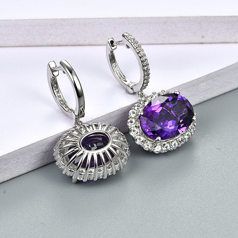Halo Oval Cut Amethyst Sterling Silver Drop Earrings