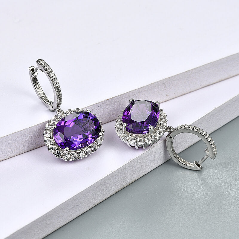 Halo Oval Cut Amethyst Sterling Silver Drop Earrings