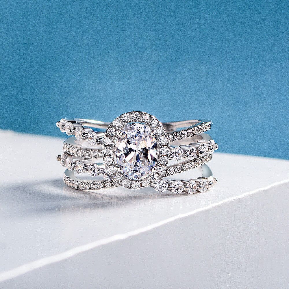 Halo Oval Cut Moissanite Four Cross Pave Engagement Ring