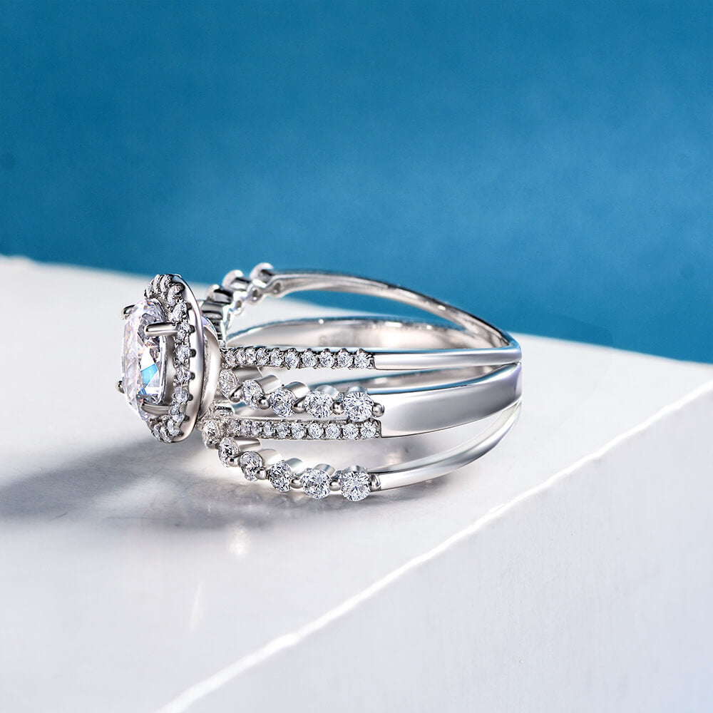 Halo Oval Cut Moissanite Four Cross Pave Engagement Ring