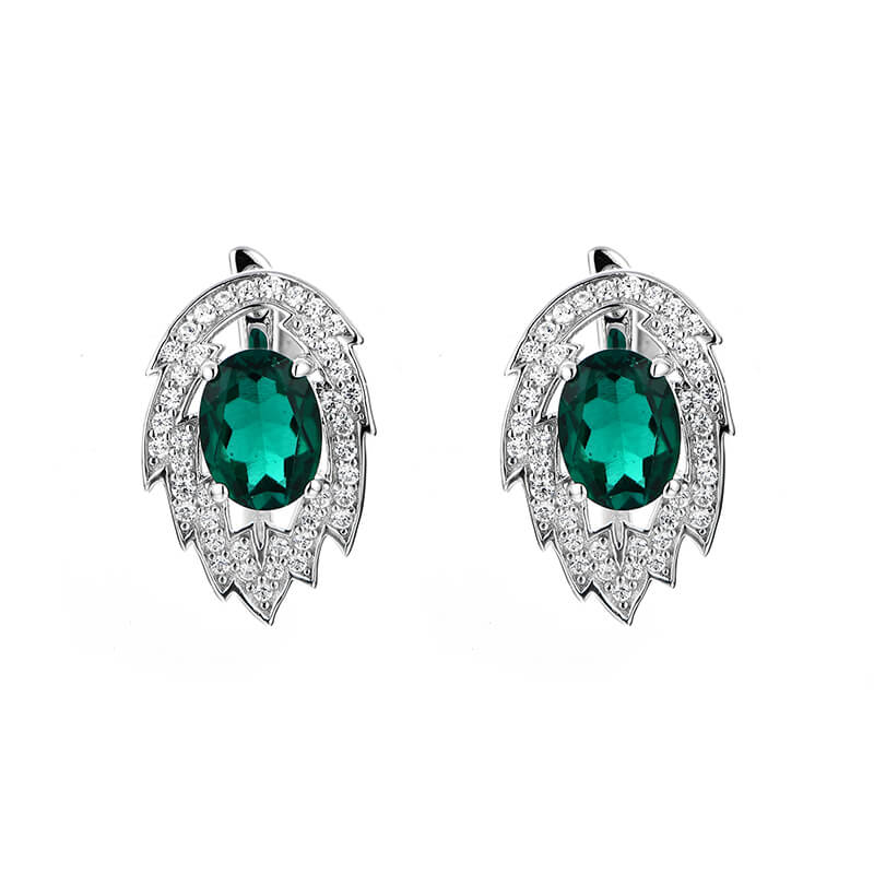 Halo Oval Emerald Leaf Hoop Earrings In Sterling Silver