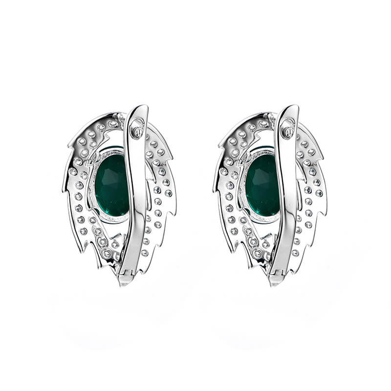 Halo Oval Emerald Leaf Hoop Earrings In Sterling Silver