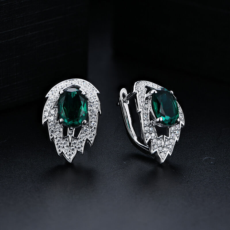 Halo Oval Emerald Leaf Hoop Earrings In Sterling Silver