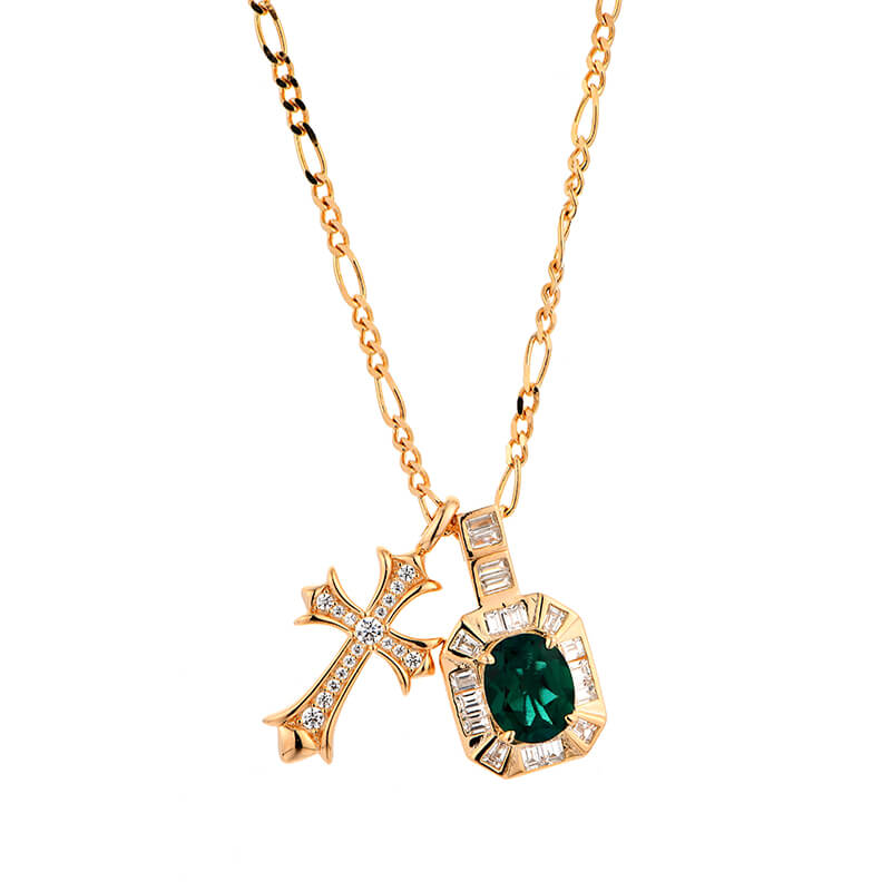Halo Oval Emerald With Cross Necklace In Sterling Silver