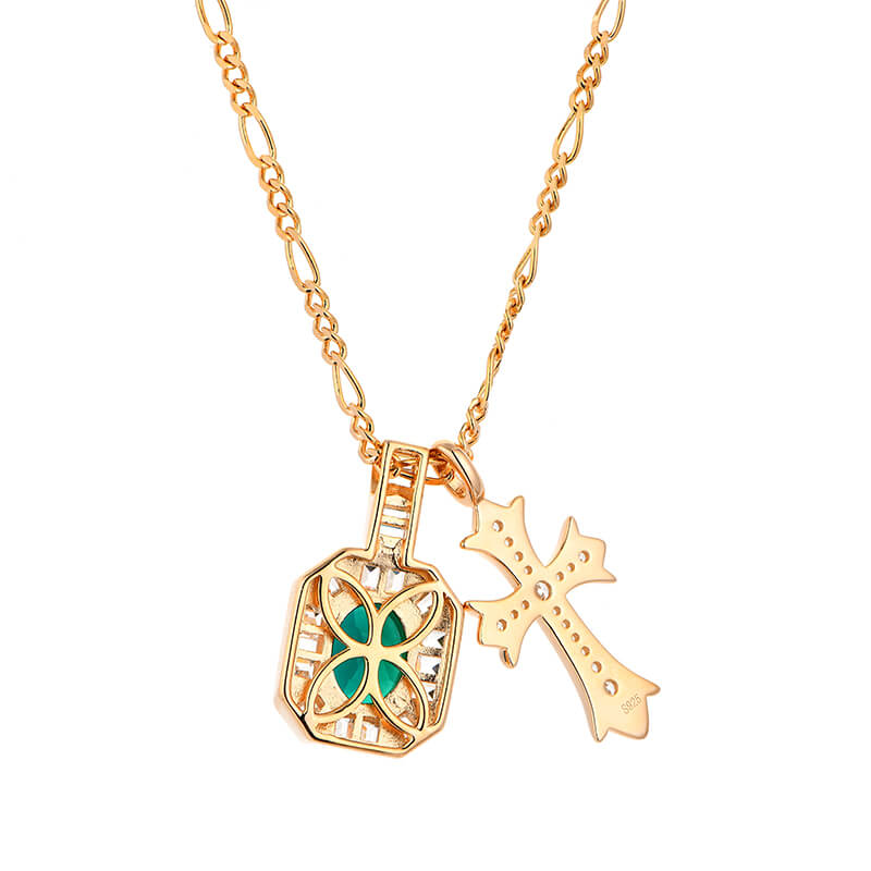 Halo Oval Emerald With Cross Necklace In Sterling Silver