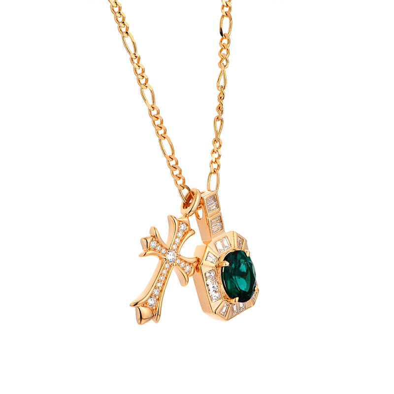 Halo Oval Emerald With Cross Necklace In Sterling Silver