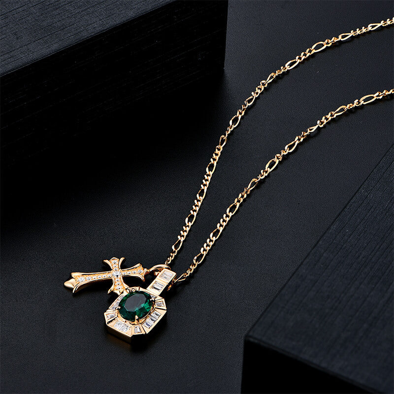 Halo Oval Emerald With Cross Necklace In Sterling Silver