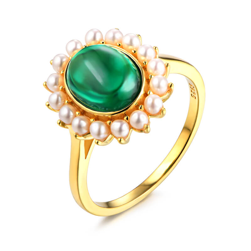 Halo Oval Emerald With Pearl Sterling Silver Ring