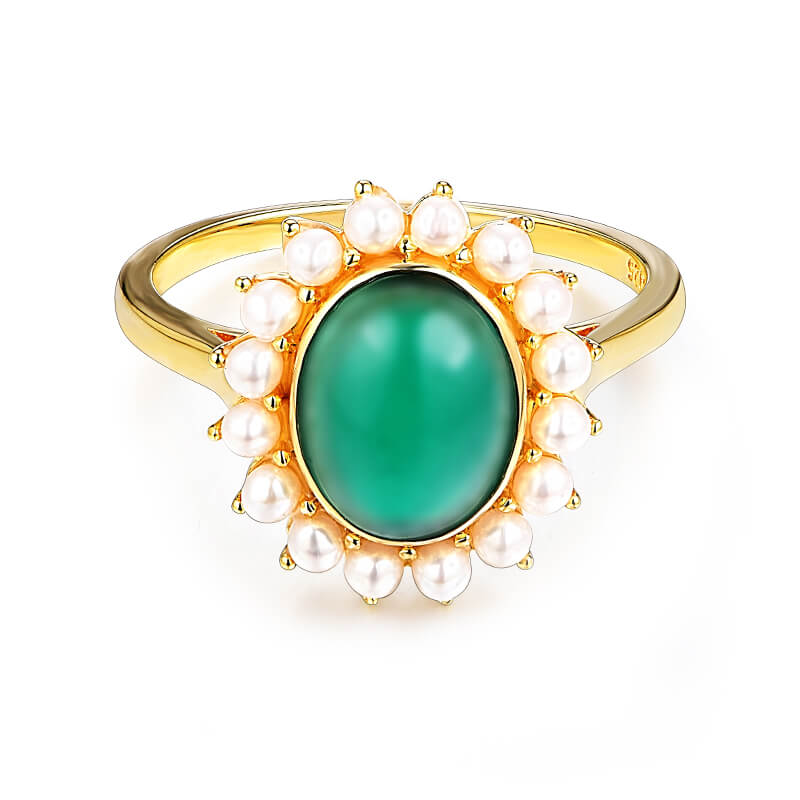 Halo Oval Emerald With Pearl Sterling Silver Ring