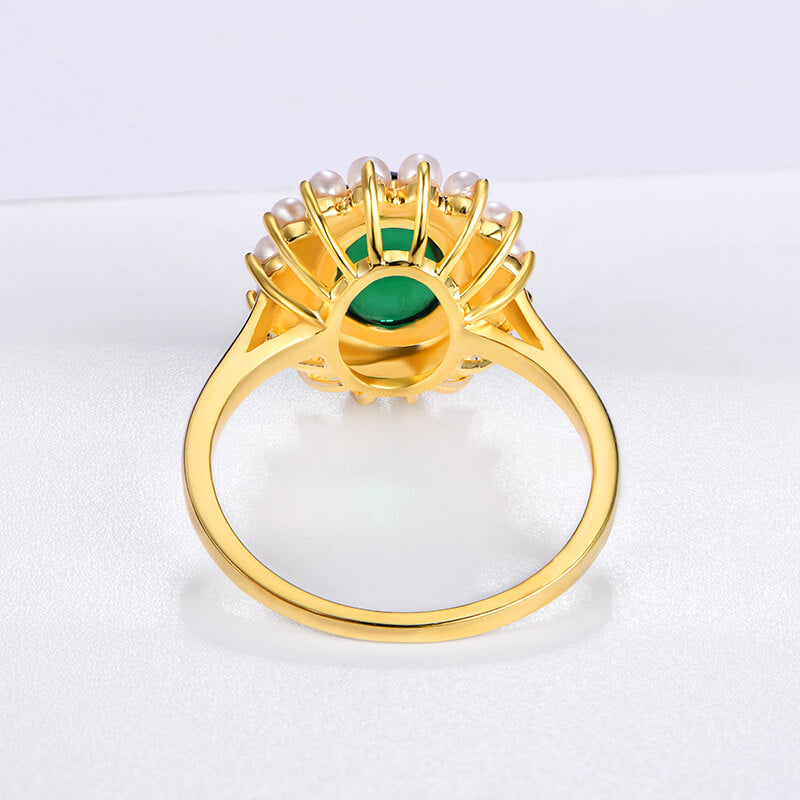Halo Oval Emerald With Pearl Sterling Silver Ring