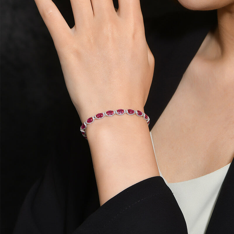 Halo Oval Gemstones Tennis Bracelet In Sterling Silver