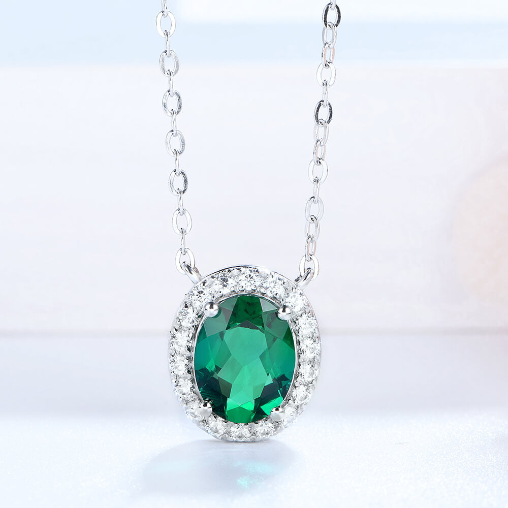 Halo Oval Lab-Created Emerald Sterling Silver Necklace