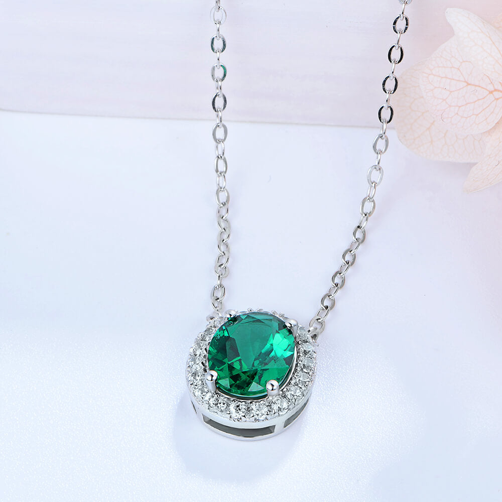 Halo Oval Lab-Created Emerald Sterling Silver Necklace