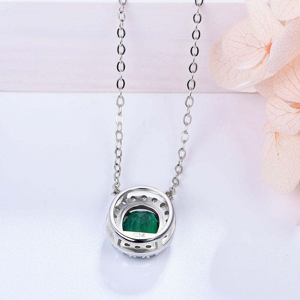 Halo Oval Lab-Created Emerald Sterling Silver Necklace
