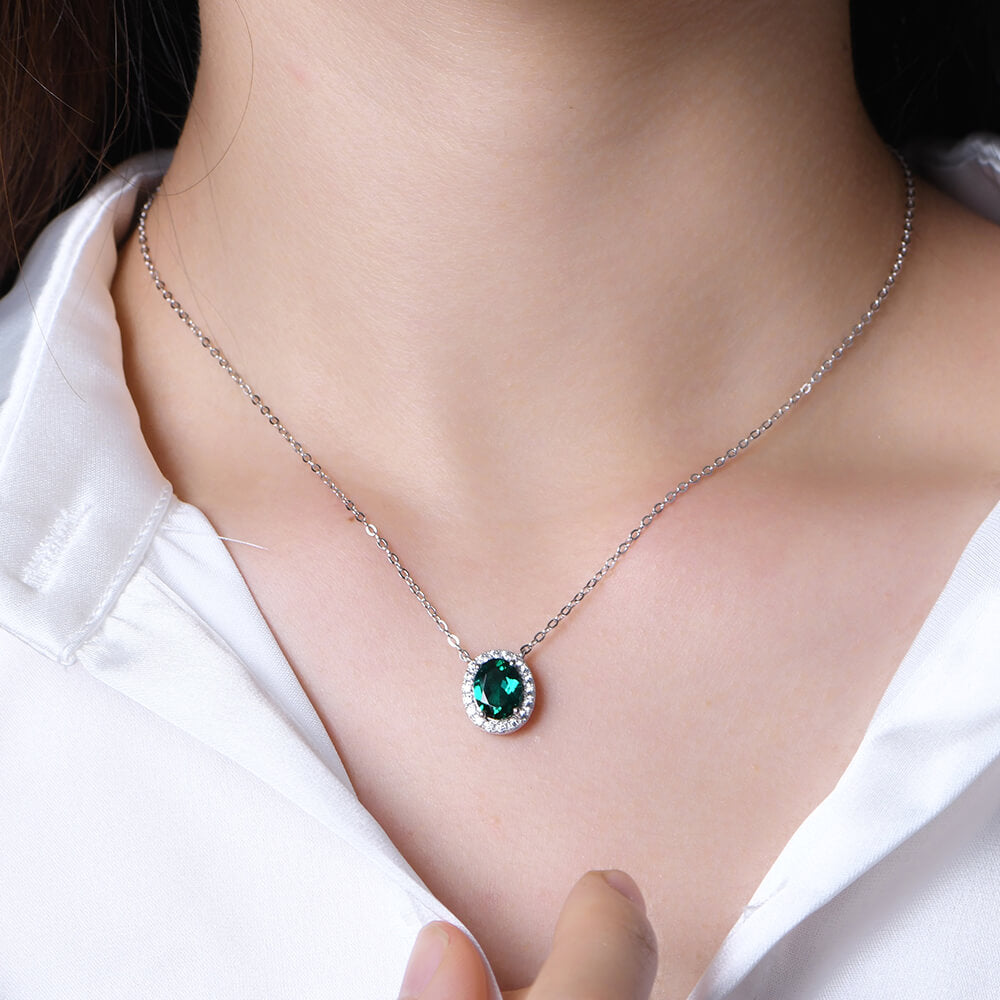 Halo Oval Lab-Created Emerald Sterling Silver Necklace