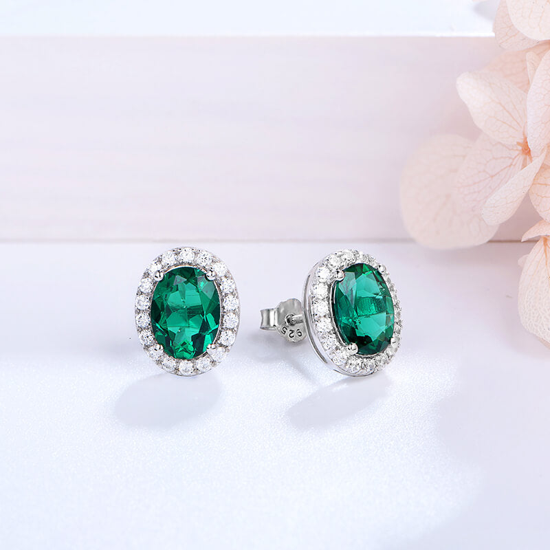 Halo Oval Lab-Created Emerald Sterling Silver Stud Earrings